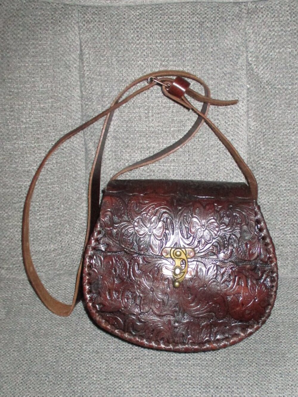 Vintage Tooled Leather Handbag 60s 70s 80s Boho Hippie Purse Flowers Crossbody